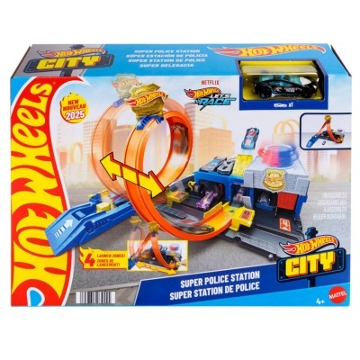 Brinquedo Hot Wheels City Super Police Station com pista e carrinho na embalagem