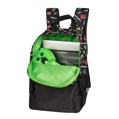 Mochila preta com detalhes verdes e padrão Minecraft aberta com almofada pixelada dentro