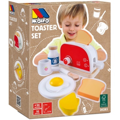 Caixa do conjunto de brinquedo Molto Toaster Set com torradeira vermelha e acessórios de alimentação para crianças.