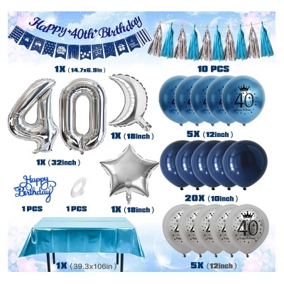 Kit de decoração de aniversário com balões azuis, brancos e prateados e faixa Happy 40th Birthday