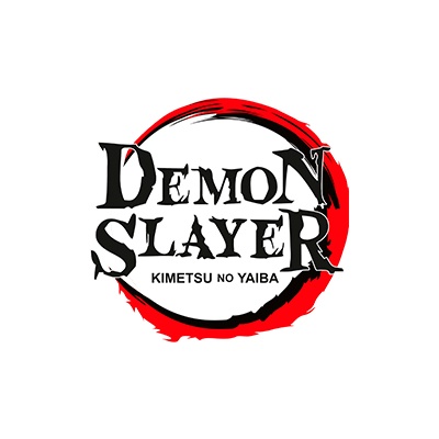 Logotipo do anime Demon Slayer com texto em vermelho e preto dentro de círculo vermelho