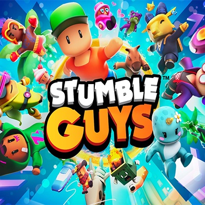 Imagem colorida com personagens animados em fundo azul e texto 'STUMBLE GUYS™' no centro