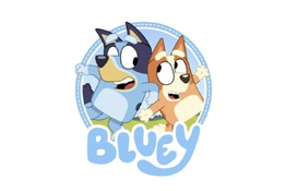 Desenho animado de dois cães com texto BLUEY