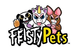 Logótipo FEISTY Pets com três animais de peluche coloridos