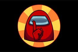 Personagem vermelho do jogo Among Us com visor cinza e círculo laranja ao fundo
