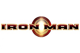 Logótipo IRON MAN em letras metálicas douradas e vermelhas com círculo luminoso