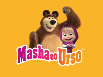 Personagens animados Masha e Urso sobre fundo laranja com texto colorido
