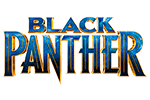 Logotipo do filme BLACK PANTHER em azul e dourado sobre fundo preto