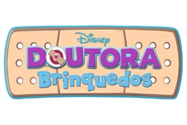 Curativo bege com texto Disney DOUTORA Brinquedos em cores rosa e azul