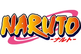 Logotipo do Naruto com texto amarelo e contorno laranja sobre fundo rosa