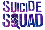 Logotipo colorido do filme Suicide Squad com letras texturizadas em tons de roxo e azul