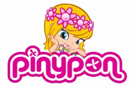 Logótipo pinypon com personagem animada loira e coroa de flores