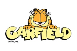 Logótipo de Garfield com personagem laranja a apoiar-se em letras amarelas