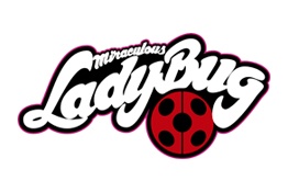 Logótipo com texto 'miraculous LadyBug' e joaninha vermelha