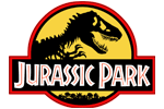 Logótipo de Jurassic Park com dinossauro T-Rex em círculo amarelo e texto