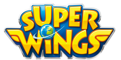 Logótipo de marca SUPER WINGS com globo terrestre