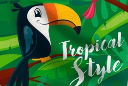 Ilustração de tucano colorido e texto 'Tropical Style'