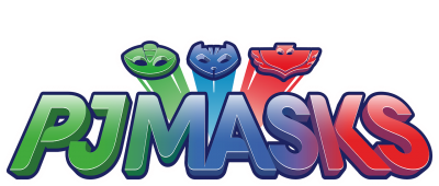 Logótipo colorido do desenho animado PJ MASKS com as letras em verde, azul e vermelho e três personagens mascarados