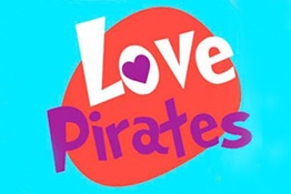 Logótipo colorido com texto Love Pirates sobre fundo azul