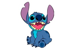 Figura animada do personagem Stitch azul com orelhas roxas sentado com boca aberta