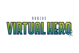 Logótipo RUBTUS VIRTUAL HERO em verde e azul com efeito pixelado