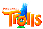 Logótipo colorido do filme ou marca Trolls com personagem verde e cabelo azul