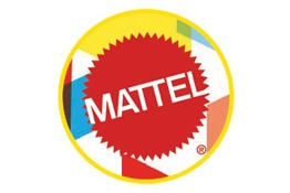 Logotipo redondo da MATTEL com texto branco e fundo colorido