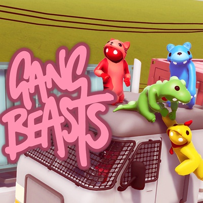 Brinquedos de animais coloridos sobre superfície branca com texto GANG BEASTS em rosa