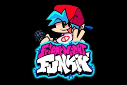 Ilustração colorida de personagem com cabelo azul e boné vermelho com texto 'FRIDAY NIGHT FUNKIN'' colorido em graffiti