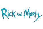 Logotipo azul e branco de Rick and Morty sobre fundo branco