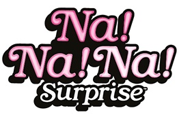 Logótipo com texto 'Na! Na! Na! Surprise' em rosa e preto