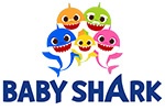 Logótipo BABY SHARK com cinco tubarões coloridos sobre fundo branco