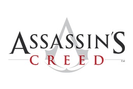 Logotipo do jogo Assassin's Creed com texto em preto e vermelho e símbolo cinzento abstrato
