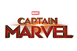 Logotipo do filme 'Captain Marvel' com texto em vermelho e dourado sobre fundo branco