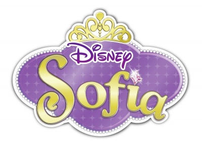 Logótipo roxo com texto Disney Sofia e coroa dourada