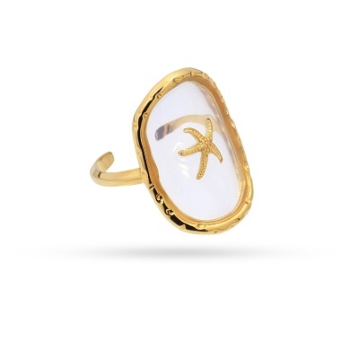 Anel dourado com pedra transparente e estrela do mar