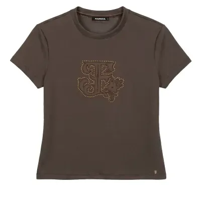 T-shirt marrom com estampa decorativa central e etiqueta FOUSOUL
