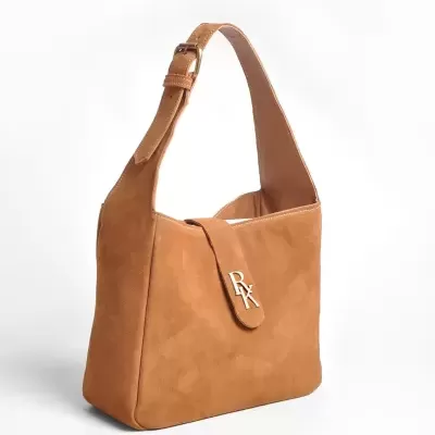 Bolsa camel em camurça com detalhe RX dourado