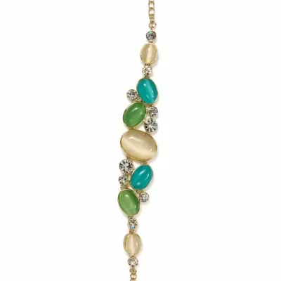 Pulseira dourada com pedras coloridas e pedras transparentes