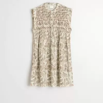 Vestido sem mangas com estampa padrão com detalhe franzido e botões na frente