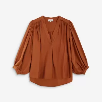 Blusa castanha com mangas volumosas e decote V