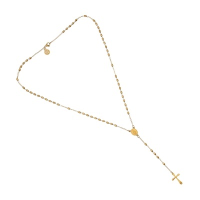 Colar rosário dourado com contas ovais, medalha oval e cruz pendente