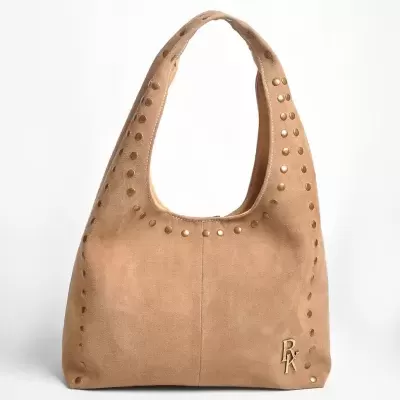 Mala de mão bege com tachas douradas e logótipo RK