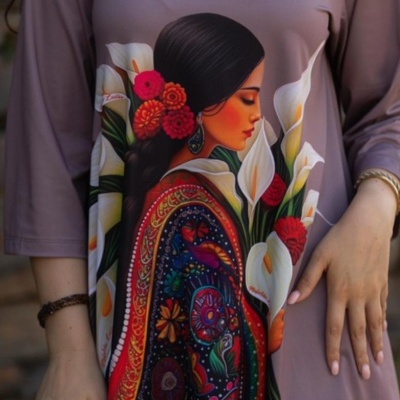 Túnica castanha com estampa colorida de mulher e flores, texto 'MAFALDA LEITÃO'.