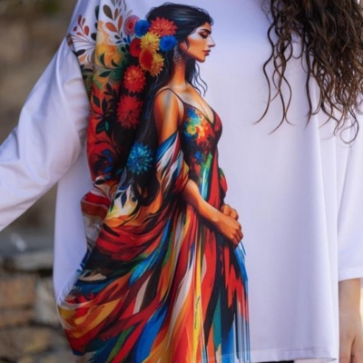 T-shirt branca com estampa colorida de mulher e calças pretas com logo