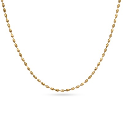 Colar de contas douradas pequenas polidas sobre fundo branco