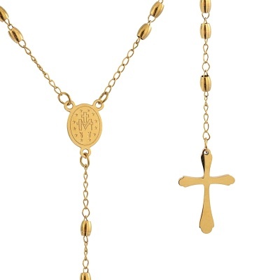 Colar dourado com contas e pendentes de cruz e medalhão gravado