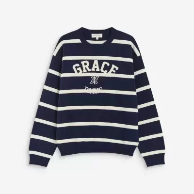 Sweatshirt azul escura às riscas com texto GRACE PARIS e logótipo