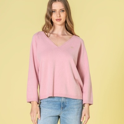 Camisola rosa de malha com decote em V e mangas compridas