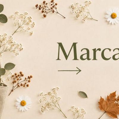 Sacola de tecido bege com flores e folhas sobre fundo creme com texto Marcas.